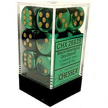 Zaruri - Chessex Gemini 16mm d6 with pips Dice Blocks (12 Dice) - Black-Green w/gold