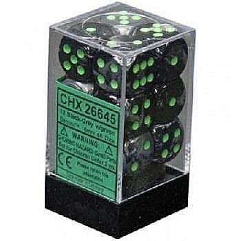 Zaruri - Chessex Gemini 16mm d6 with pips Dice Blocks (12 Dice) - Black-Grey w/green