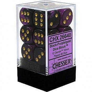 Zaruri - Chessex Gemini 16mm d6 with pips Dice Blocks (12 Dice) - Black-Purple w/gold