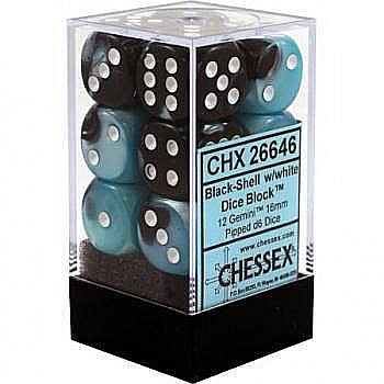 Zaruri - Chessex Gemini 16mm d6 with pips Dice Blocks (12 Dice) - Black-Shell w/white