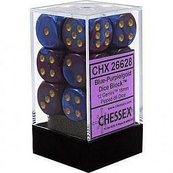 Zaruri - Chessex Gemini 16mm d6 with pips Dice Blocks (12 Dice) - Blue-Purple w/gold