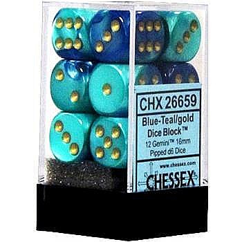 Zaruri - Chessex Gemini 16mm d6 with pips Dice Blocks (12 Dice) - Blue-Teal w/gold