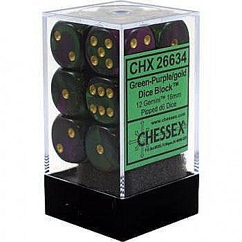 Zaruri - Chessex Gemini 16mm d6 with pips Dice Blocks (12 Dice) - Green-Purple w/gold