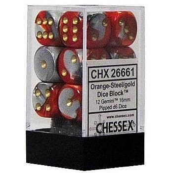 Zaruri - Chessex Gemini 16mm d6 with pips Dice Blocks (12 Dice) - Orange-Steel w/gold