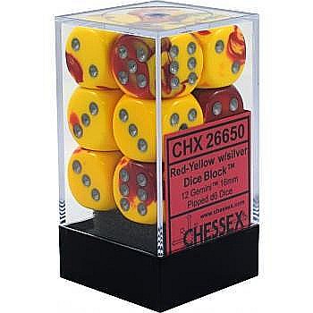 Zaruri - Chessex Gemini 16mm d6 with pips Dice Blocks (12 Dice) - Red-Yellow w/silver