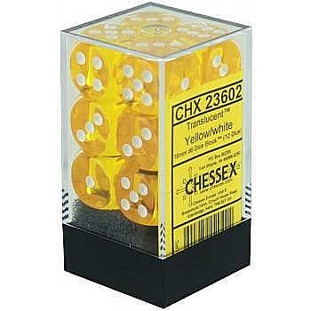 Zaruri - Chessex Translucent 16mm d6 with pips Dice Blocks (12 Dice) - Yellow w/white