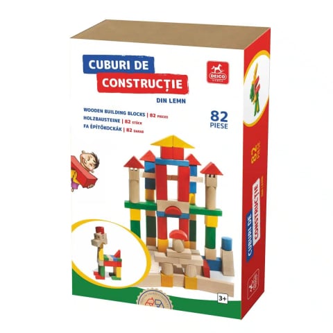 Jocuri si jucarii - Cuburi Constructie Colorate – Set educativ din lemn 82 piese