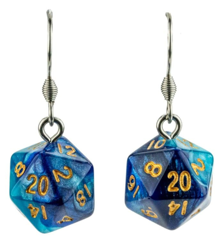 Fashion & Accessories - Lair Wear Dice Earrings D20 Blue & Light Blue with Gold