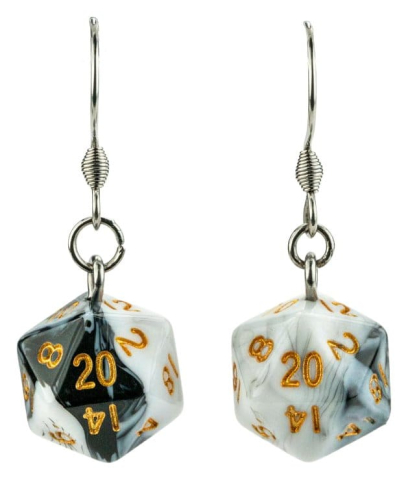 Lair Wear Dice Earrings D20 Marble Black & White with Gold [1]