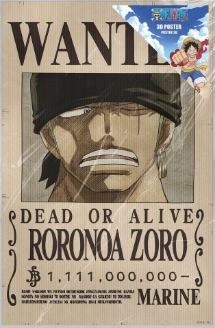 PRECOMENZI - One Piece 3D Poster Wanted Roronoa Zoro 38 x 58 cm