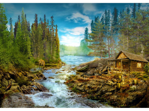 Puzzle 1000 piese Enjoy – A Log Cabin by the Rapids [1]