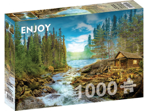 Puzzle 1000 piese - Puzzle 1000 piese Enjoy – A Log Cabin by the Rapids