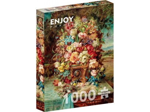 Puzzle 1000 piese - Puzzle 1000 piese Enjoy – Hans Zatzka: Flowers Still Life with Blue Tit