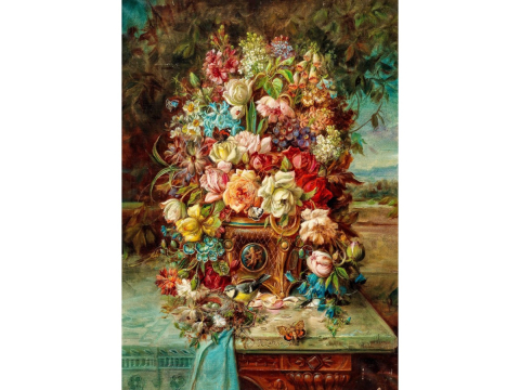 Puzzle 1000 piese Enjoy – Hans Zatzka: Flowers Still Life with Blue Tit [1]