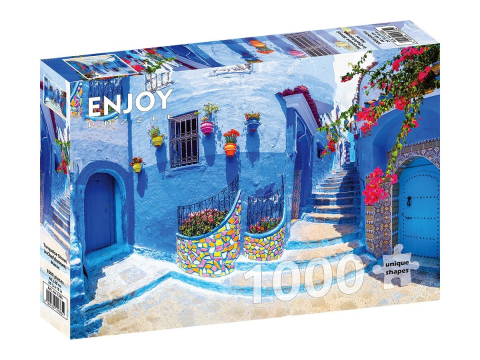 Puzzle - Puzzle 1000 piese Enjoy – Turquoise Street in Chefchaouen, Maroc