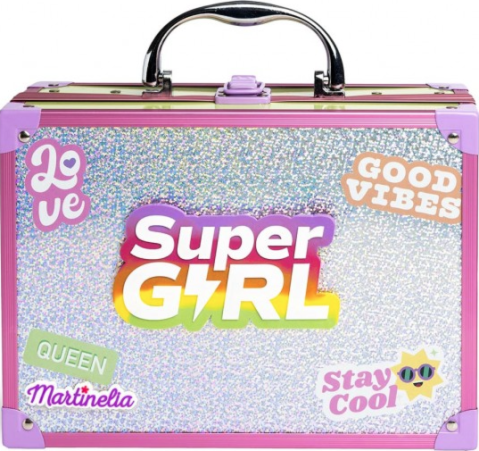Jocuri si jucarii - Trusa machiaj Supergirl cu LED – set cosmetice copii 24 farduri + accesorii