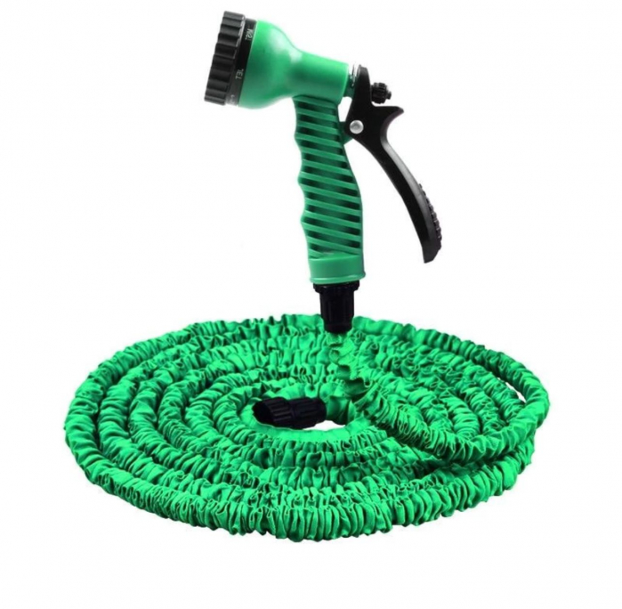Furtun Extensibil Verde 30m cu Pistol cu 7 Poziții de Udare și Accesorii Incluse pentru Udat Grădina [7]