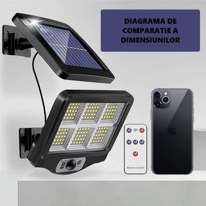 Lampa Solară 120 COB LED cu Telecomandă, Senzor de Mișcare, Baterie 15000 mAh, 250 LM, Cablu 5 m, Panou Solar Ajustabil, Rezistentă la Apă, Negru [3]