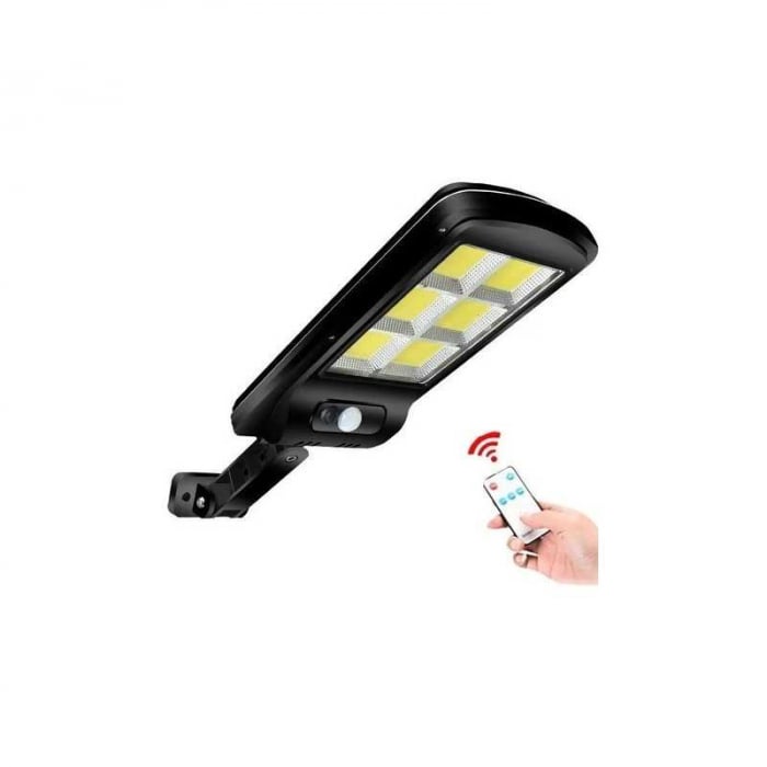 Lampa Solara Stradala 6COB 120 LED, Senzor de Miscare, Panou Solar Incorporat, Brat de Montare Inclus, Telecomanda cu Functii Multiple de Setare a Intensitatii Luminoase si Timpului de Functionare, IP65 Wateproof, Negru [1]