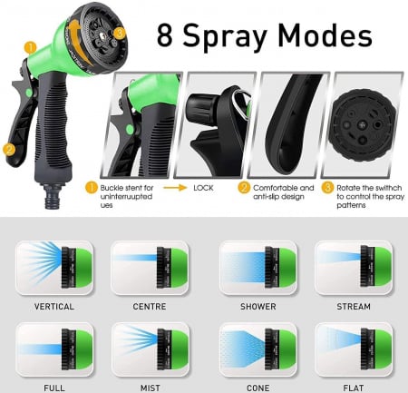CASA SI GRADINA - Furtun Extensibil Verde 30m cu Pistol cu 7 Poziții de Udare și Accesorii Incluse pentru Udat Grădina