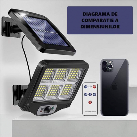 Lampa Solară 120 COB LED cu Telecomandă, Senzor de Mișcare, Baterie 15000 mAh, 250 LM, Cablu 5 m, Panou Solar Ajustabil, Rezistentă la Apă, Negru [2]