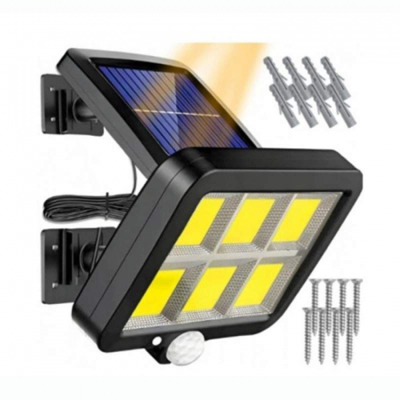 LAMPI SOLARE - Lampa Solară 120 COB LED cu Telecomandă, Senzor de Mișcare, Baterie 15000 mAh, 250 LM, Cablu 5 m, Panou Solar Ajustabil, Rezistentă la Apă, Negru