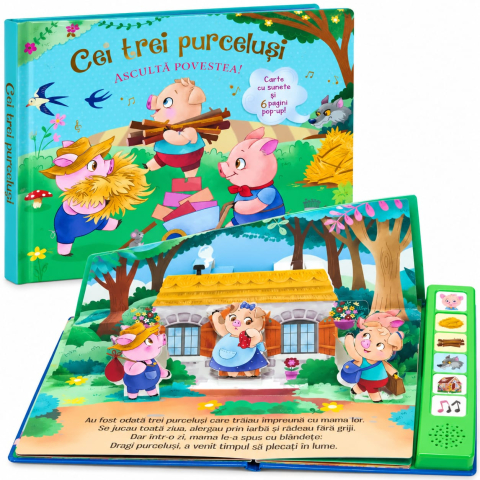 Carti cu sunete - Cei Trei Purcelusi-Asculta povestea-6 Pagini Pop-Up