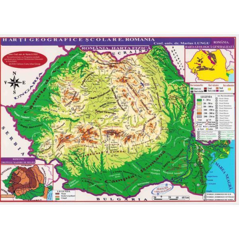 HARTI - Plansa: Harta Romaniei. Harta fizica, harta repartitiei oraselor A4