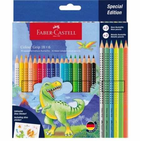 Papetărie - Creioane Colorate Faber-Castell Color Grip Set 18+6 Neon și Metallic Dino