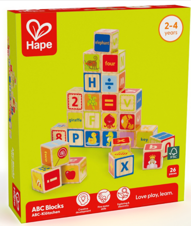 Hape - Cuburi din lemn cu litere si numere (26 piese)