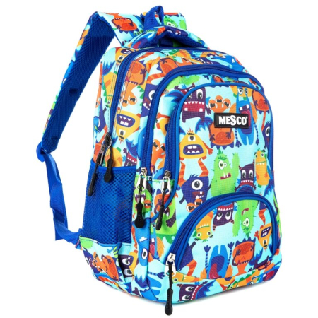 Ghiozdane grădiniță - Ghiozdan Școlar Ergonomic Mesco Monștri, 4 Compartimente, Albastru, 38 × 25 × 15 cm