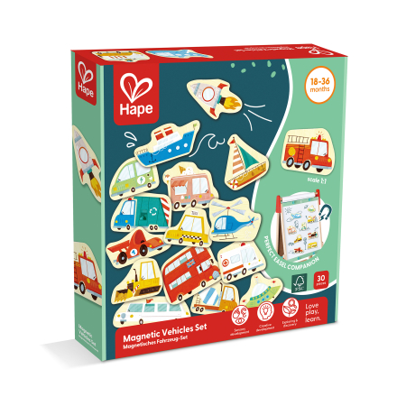 Hape - Jucarie din lemn copii – Magneti cu vehicule (30 piese)