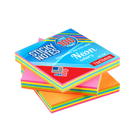 Cuburi de hârtie pentru notițe - Notițe autoadezive OffiShop Neon, 75 × 75 mm, 100 file, multicolor