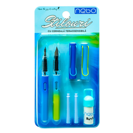 Stilouri - Set 2 stilouri NEBO cu cerneală termosensibilă + rezerve, albastre