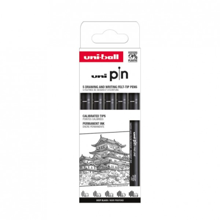 Linere - Set 5 linere Uni-ball PIN-200 Fine Line ASP008, 0,1–0,9 mm, negru