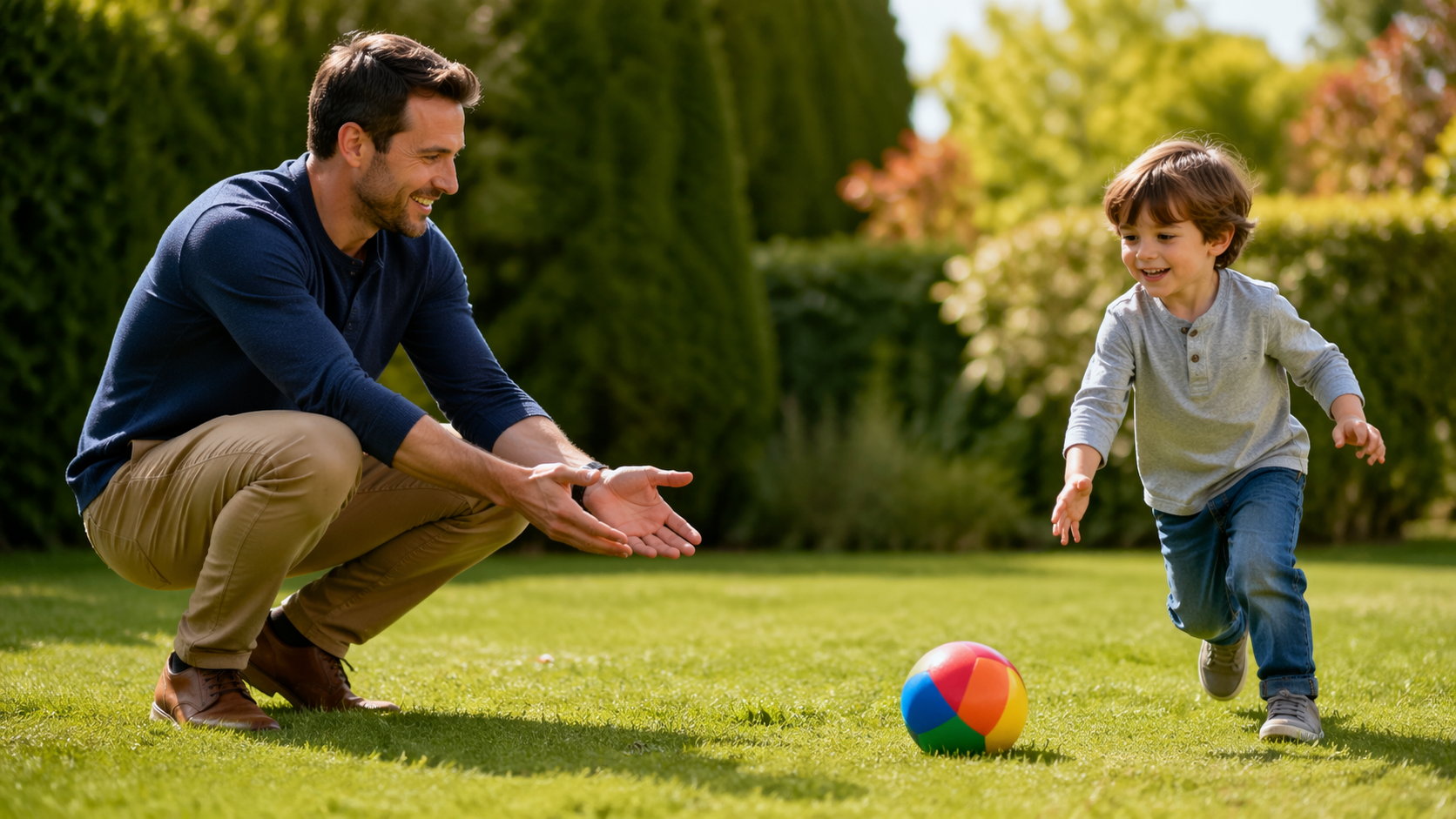 Tată și copil care se joacă afară cu mingea pe gazon