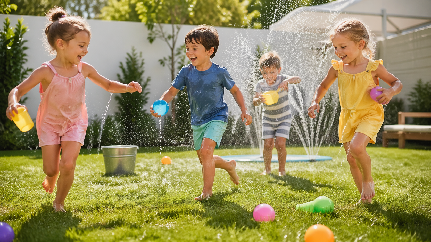 Copii care se joacă afară cu apă, în curte, în timpul verii