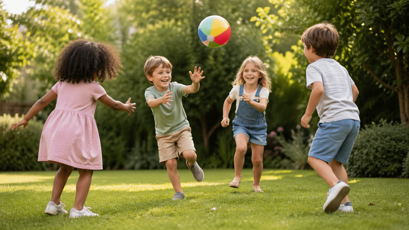 Jocuri afară pentru copii cu minge colorată, în aer liber