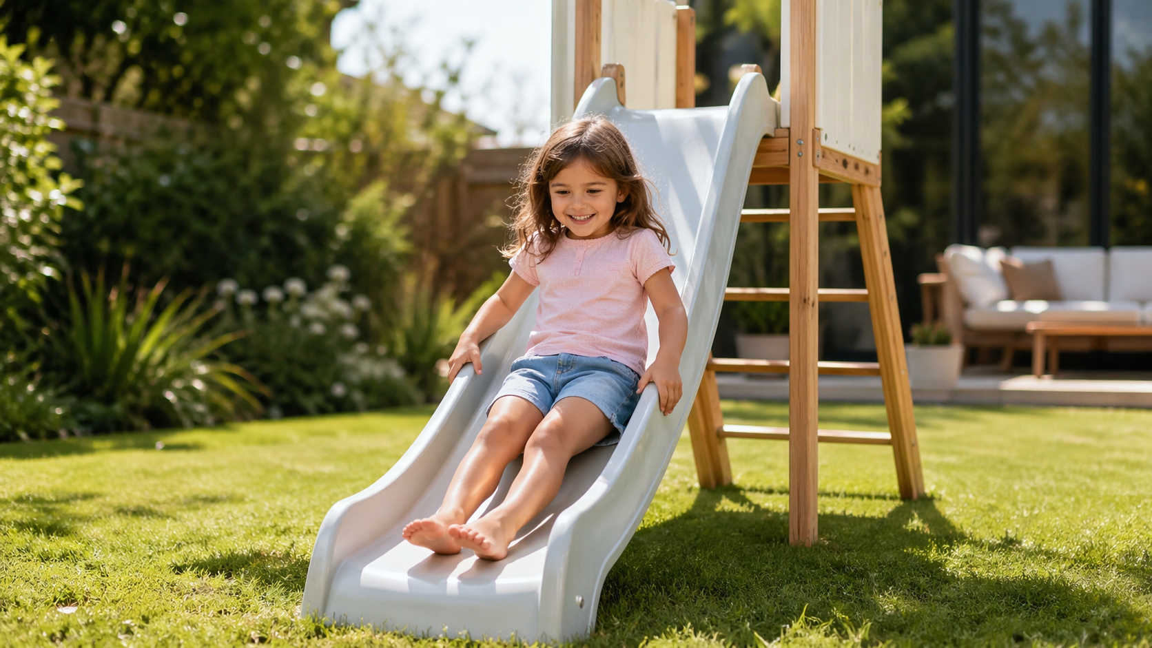 Fetiță care se joacă pe tobogan în curte