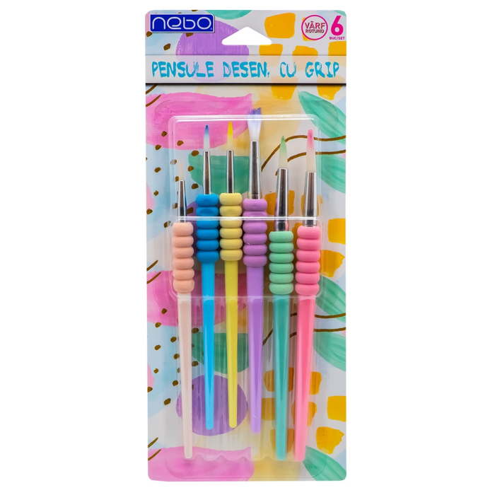 Pensule desen, cu grip, culori pastel, varf rotund, 6 buc/set - NEBO [1]