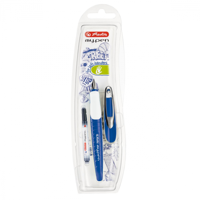 Stilou my.pen penita L pentru stangaci, albastru/alb, blister [1]
