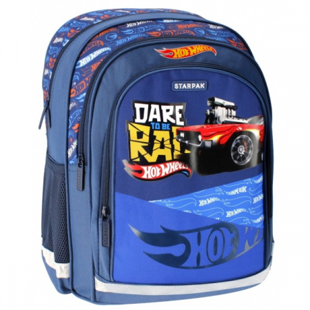 Ghiozdane Școlare - Ghiozdan Starpak Hot Wheels, 41cm, 3 compartimente, 2 buzunare laterale, albastru