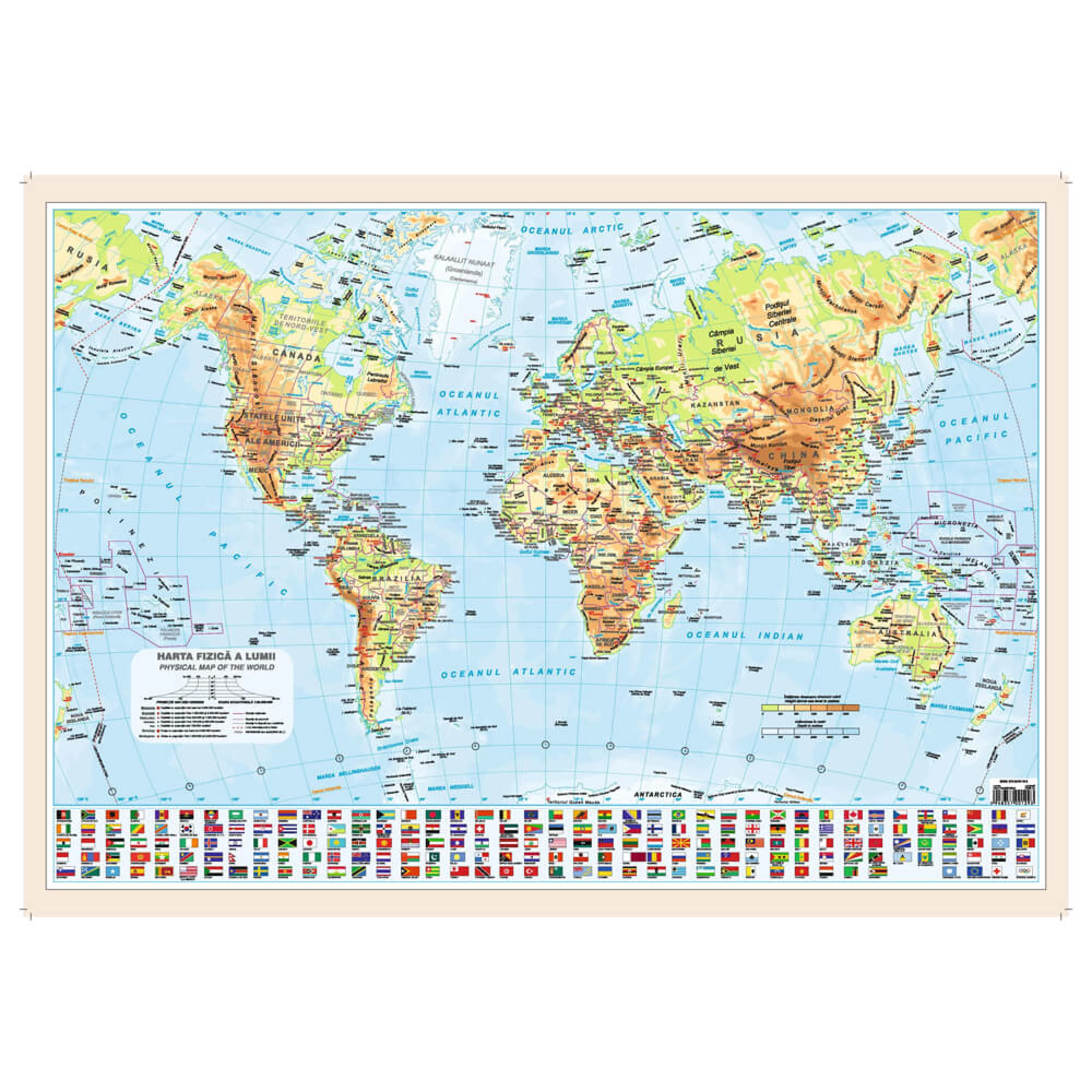 Hărți și Globuri Școlare - Harta LUMEA fizica 50x70 cm, plastifiat