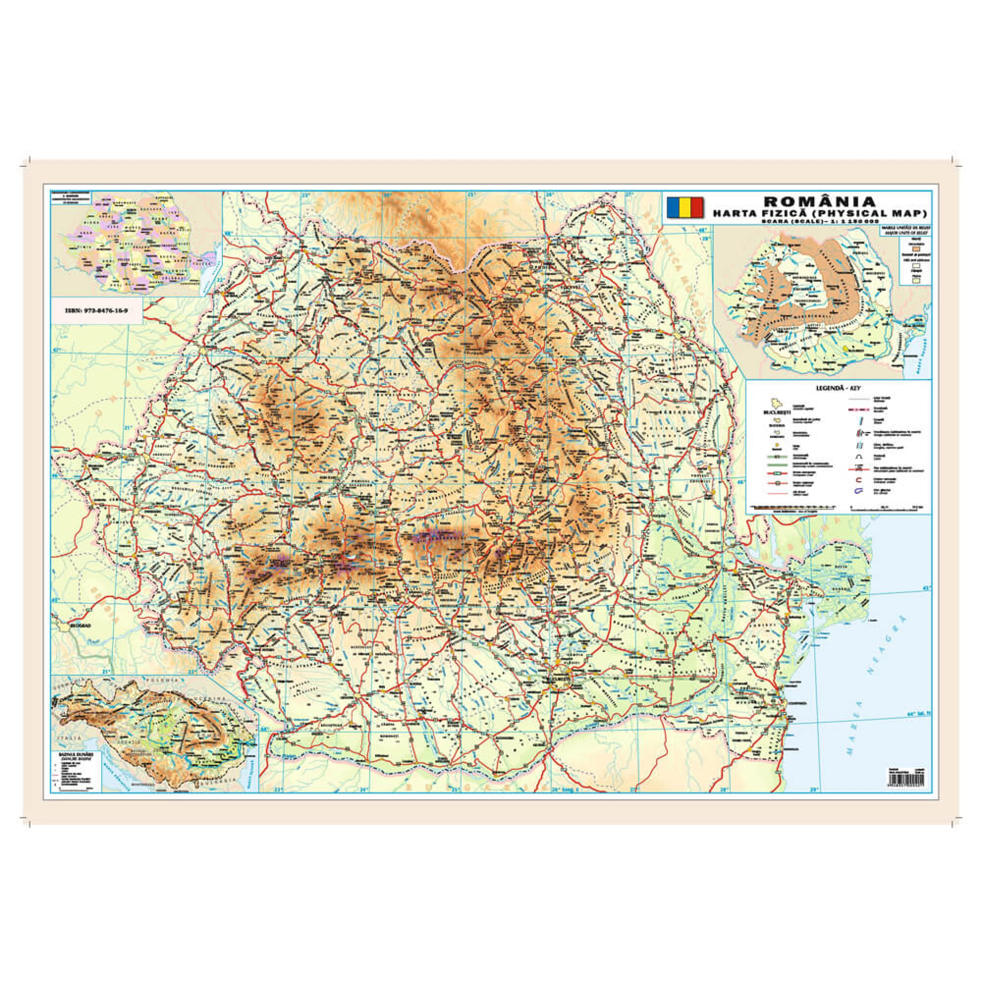 Harta ROMANIA fizica 50x70 cm, plastifiata