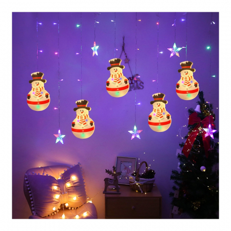 Instalatii LED - Instalatie Craciun, Perdea luminoasa - Stelute si Om de zapada, Multicolora