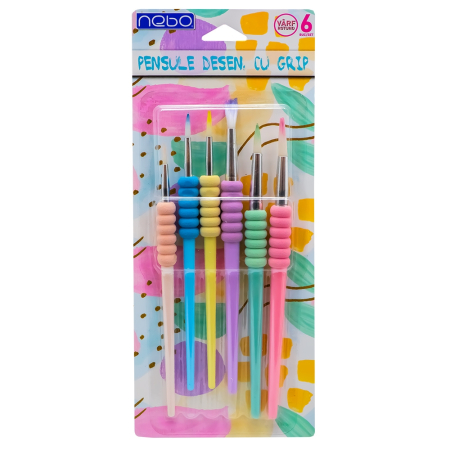 Rechizite școlare - Pensule desen, cu grip, culori pastel, varf rotund, 6 buc/set - NEBO