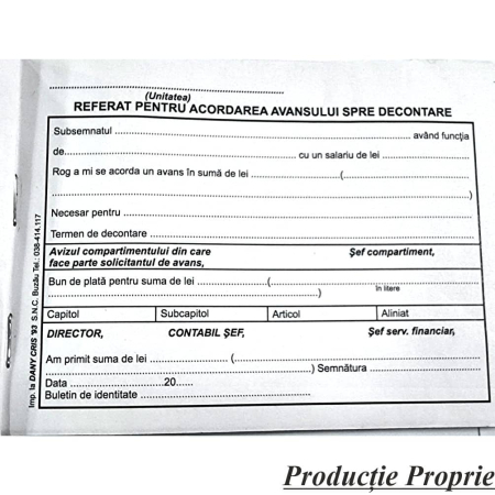Formulare tipizate - Referat Pentru Acordarea Avansului Spre Decontare