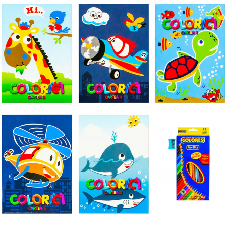 Carte - Set 5 carti de colorat A4 12 file, creioane colorate si ascutitoare