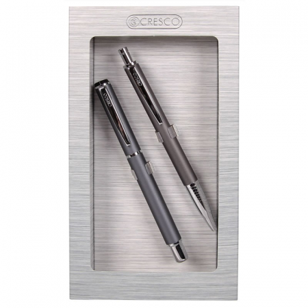 Seturi premium de scris - Set cadou stilou + pix Cresco Winner 880059, corp metalic gri pastel clips argintiu