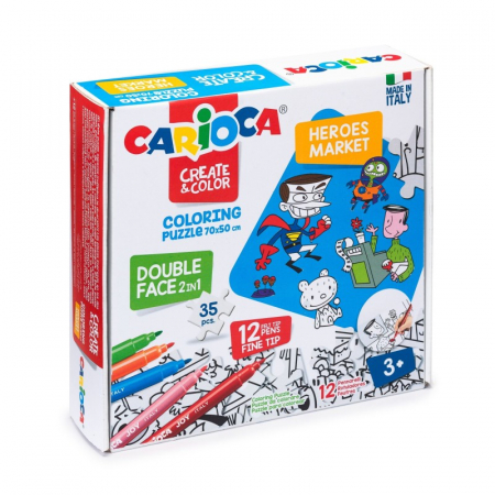 Coloreaza, picteaza si modeleaza - Set puzzle si 12 carioci Heroes Marker CARIOCA